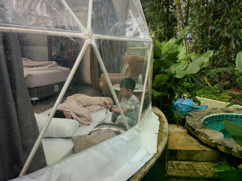 Geodesic glamping dome with bed inside beside a stone plunge pool in lush mountain forest.