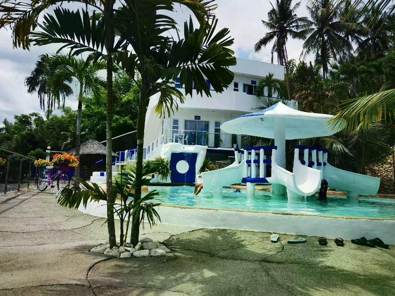 Children's blue-and-white water slides in a turquoise pool with palm trees and a bike of flowers.