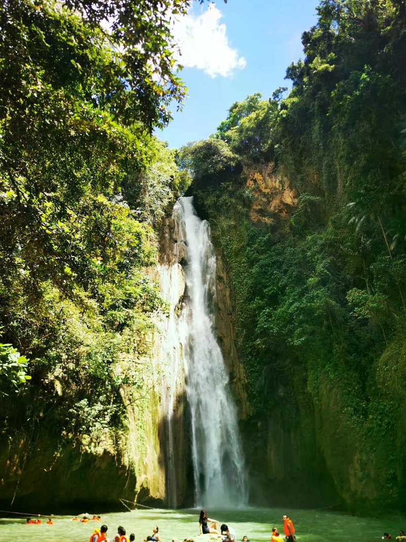 Tall single-tier waterfall plunging into a turquoise pool where swimmers wear orange life vests.