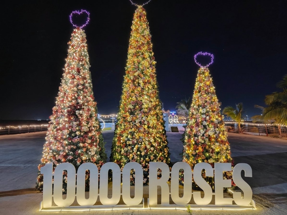 밤에 밝게 빛나는 대형 '10000 ROSES' 입체 표지판 뒤로, 상단에 보라색 하트 조명이 장식된 세 개의 원뿔형 크리스마스트리.