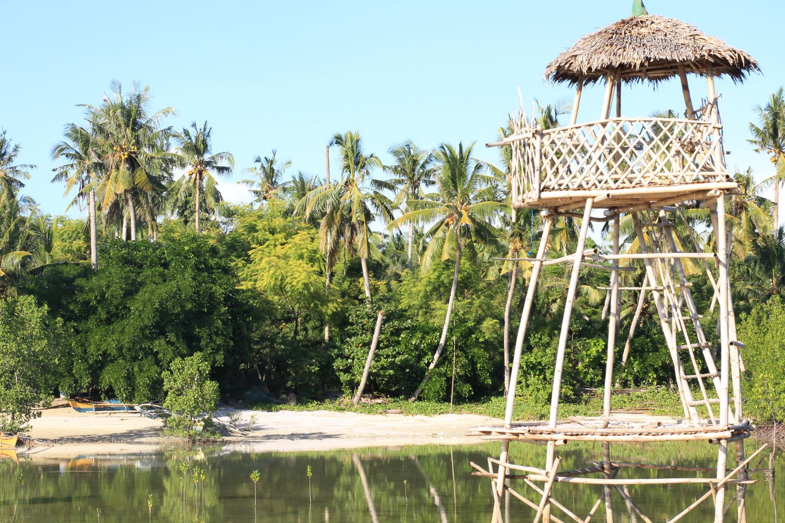 Wooden bamboo watchtower with a thatched roof standing over water near a sandy shoreline backed by lush coconut palm trees on Bantayan Island.