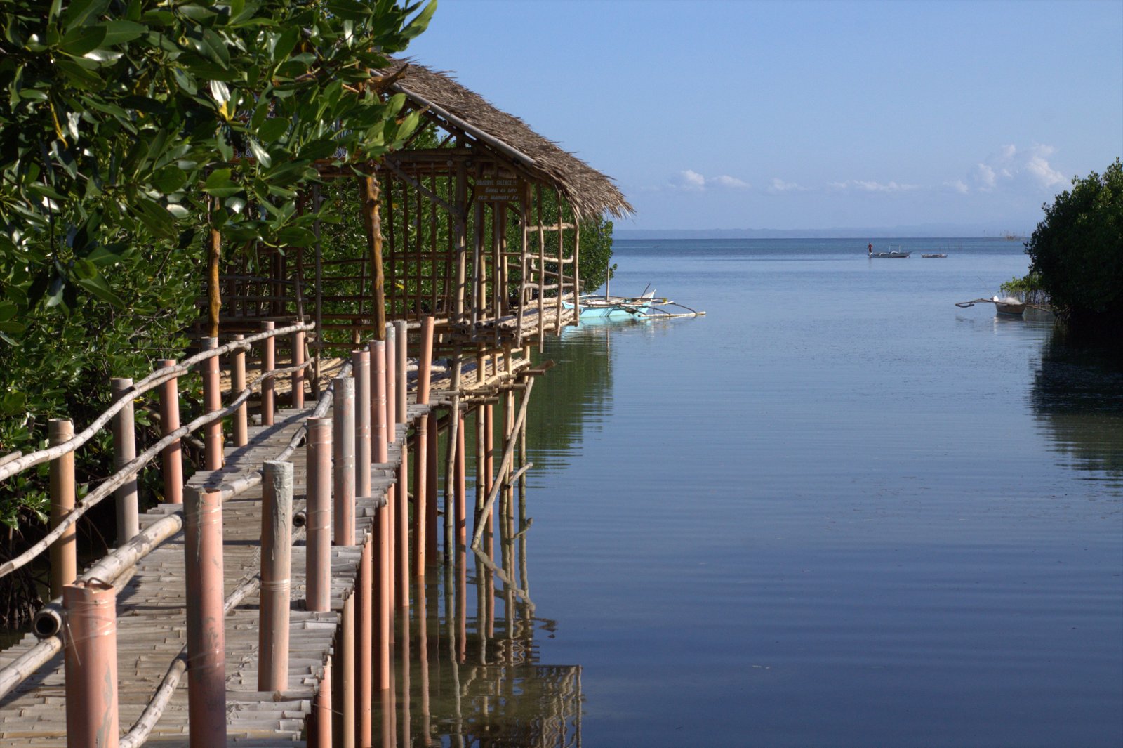 Wooden footbridge with pink handrails leading to a thatched-roof bamboo hut over calm blue water in the Obo-ob Mangrove Garden on Bantayan Island, Cebu.