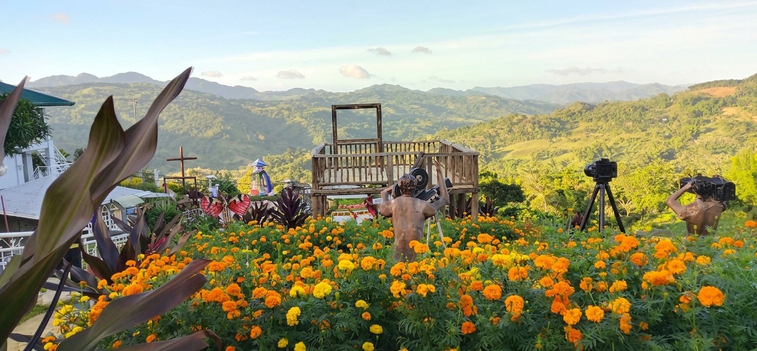 A vibrant field of orange and yellow marigold flowers in the foreground, with a wooden viewing deck overlooking lush green rolling hills and mountains at Sirao Garden, Cebu.