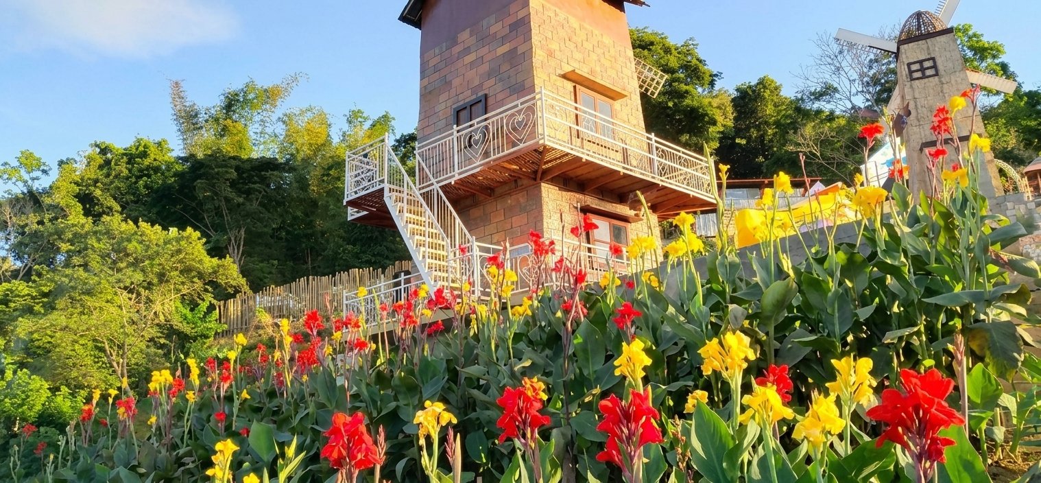 A brick windmill-style building with a balcony and white stairs, surrounded by bright red and yellow canna lilies under a blue sky at Sirao Garden, Cebu.